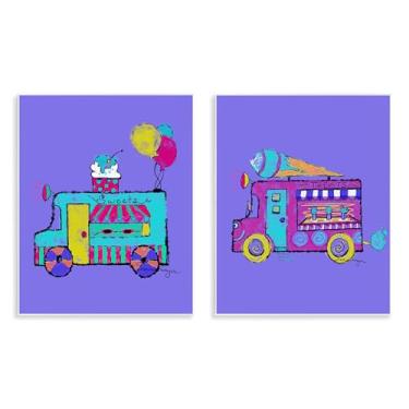 Imagem de Stupell Industries Conjunto de arte de placa de parede vibrante de 2 peças de caminhões de sorvete de verão por Susan Lugar, 35 x 28 cm