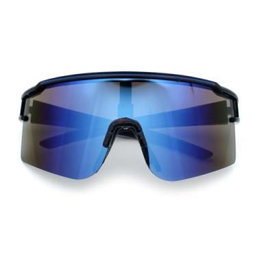 Imagem de Óculos de sol de plástico com lentes espelhadas coloridas grandes de meia borda esportiva retangular com escudo monobloco, Vermelho azul preto - azul espelhado, 69-19-126