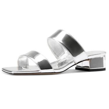 Imagem de TNYNFBEB Sandálias femininas de salto baixo com salto grosso, bico aberto, mules, slingback, sem cadarço, vestido de casamento, básico, clássico, couro envernizado, salto de 3,5 cm, Prata, 42