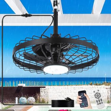 Imagem de Depuley Ventilador de teto externo com luz: Ventiladores suspensos de gazebo externo de 50 cm com aplicativo remoto - Ventilador de teto enjaulado à prova d'água para varanda de pátio pérgula preta