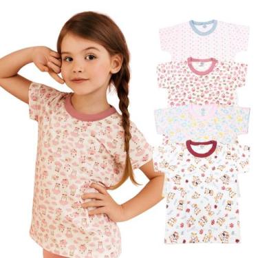Imagem de Camiseta infantil Manga Curta Bebe Menina Kit 4 peças Estampas Sortida