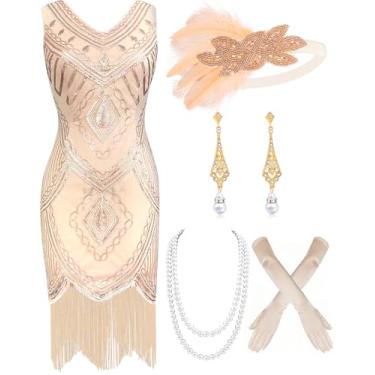 Imagem de Mukum Vestido feminino melindrosa anos 20, vintage, com franjas, com lantejoulas, ótimo Gatsby, conjunto de vestidos anos 20 para festas de Natal, Champanhe 2, GG