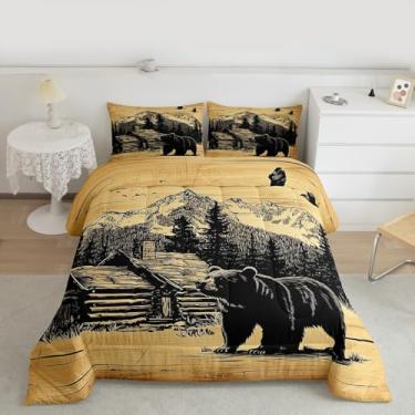 Imagem de Feelyou Conjunto de edredom queen com urso, cabana rústica, urso, para crianças, meninos, meninas, decoração de quarto de fazenda, vida selvagem, microfibra, 3 peças com 2 fronhas