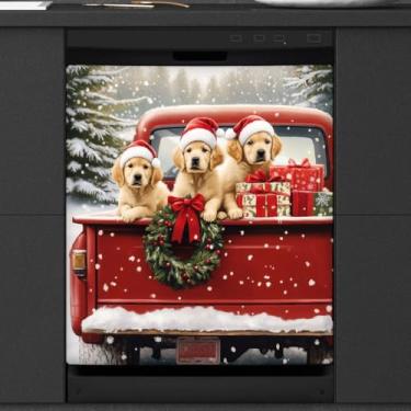 Imagem de Capa magnética para lava-louças, Natal, vermelho, caminhão, cachorro, reutilizável, lava-louças, adesivo, capa decorativa, geladeira, máquina de lavar louça, porta, painel, decalque Kitcen, decoração