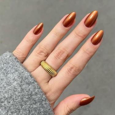 Imagem de Modelones Golden Cat Eye Press em unhas amêndoas, unhas falsas curtas, kit de unhas reutilizáveis com abas adesivas de unha, mini lixa de unha, prensa de unhas, 32 peças, 16 tamanhos, presente