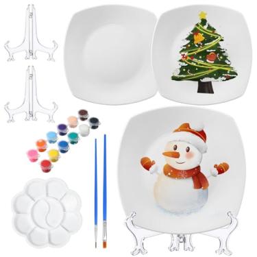 Imagem de Affrolling Kit de pintura de cerâmica para pintar seus próprios pratos de porcelana, 2 pincéis, 12 tintas, 2 suportes de tinta e 1 paleta de cores, kit de cerâmica para adultos (quadrado)