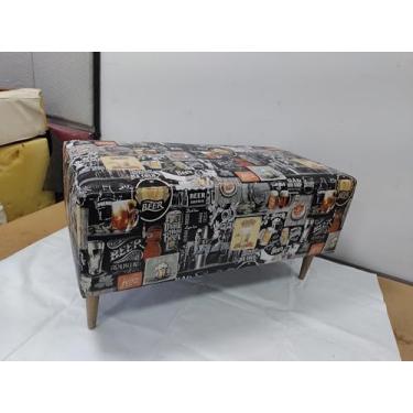 Imagem de Puff Decorativo Temático de Cerveja, Corino Estampado Preto e Marrom, 90x45x45 cm, Base em Madeira e MDF, Pés Palito Imbuia, Estilo Vintage para Bar e Sala