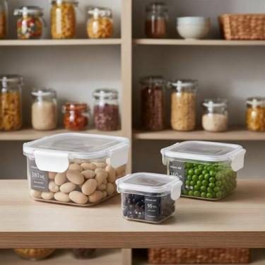 Imagem de Conjunto 3 Potes Herméticos Quadrados Cozinha Mantimentos Armazenament