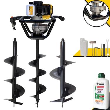 Imagem de Trado Perfurador de Solo Máquina Fura Terra Lynus PSL517 À Gasolina 2T 52cc 1,8HO 9.000rpm + Brocas 80x20, 80x25 e 80x30 + EXTRA ÓLEO STIHL 2T