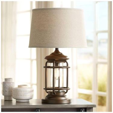 Imagem de Luminária de Mesa Vintage em Metal com USB e Abajur de Tecido, FRANKLIN IRON WORKS 45P79, Marrom