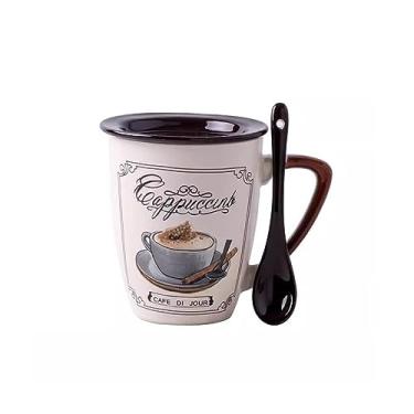 Imagem de hezhuhe2258 Caneca Europeia Luxuosa Café Cappuccino Latte Caneca Vintage Cerâmica com Tampa Colher Caneca de Café (A)