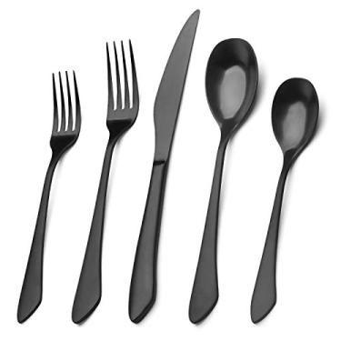 Imagem de Conjunto de talheres de prata, conjunto de talheres de aço inoxidável de 20 peças, serviço de utensílios de cozinha para 4, conjunto de talheres de mesa para casa e restaurante, seguro para lava-louças, Matte Black, 20-Piece