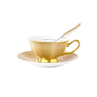 Imagem de Caneca Estilo Clássico Xícara de Chá ou Café com Pires 241 g Caneca de Café de Porcelana de Osso Delicada Pintada à Mão Phnom Penh Copo de Cappuccino para Café Chá Caneca de Café (Cor: Ouro)