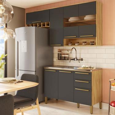 Imagem de Cozinha Compacta Napoli 7 Portas 2 Gavetas 100% Mdf com Vidro 11066 Amêndoa/Cinza - Rio Doce