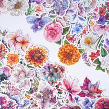 Imagem de 100 adesivos de flores brilhantes são adequados para decorar vários itens, como capas de telefone, garrafas de água, estojos de lápis de papelaria, capas manuais, etc