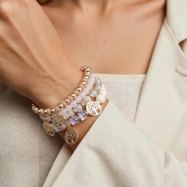 Imagem de Pulseira elástica Boho com contas coloridas empilháveis de contas de cristal modernas bijuterias presentes para mulheres, 4Pcs, Acrílico, Sem Pedra Preciosa