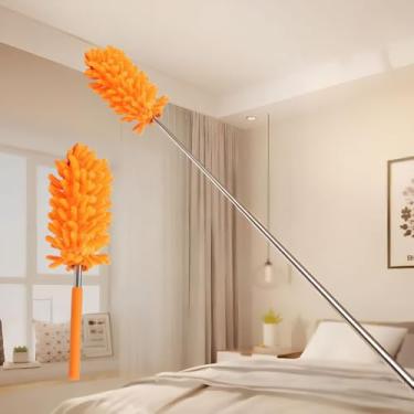 Imagem de Espanador de microfibra para limpeza, espanadores laváveis à mão, haste extensível, suprimentos de limpeza removíveis para escritório, carro, janela, ventilador de teto de móveis - laranja
