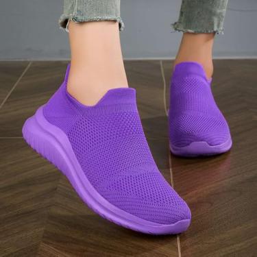 Imagem de Tênis de caminhada feminino, de malha, casual, moderno, sem cadarço, leve, respirável, para caminhada, antiderrapante, Roxa, 36