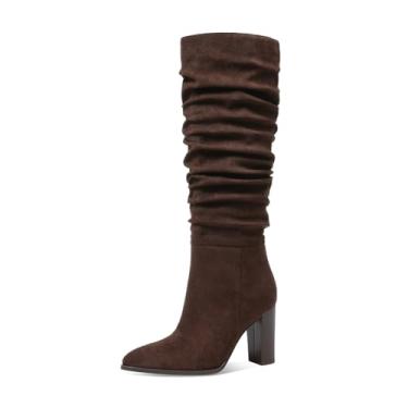 Imagem de Erocalli Botas de cano alto femininas cano alto grosso salto alto despojado bico fino zíper lateral longo, 1 chocolate, 37