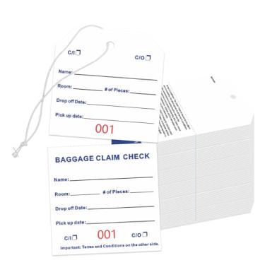 Imagem de 500 etiquetas de verificação de bagagem com fita de transferência na parte de trás, etiquetas de identificação de bagagem de hotel a granel com cordão branco, identificação de bagagem para mala de