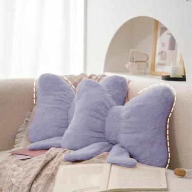 Imagem de GKWW Pacote com 2 almofadas macias e peludas com laço fofo de pelúcia para decoração de casa, almofada lombar com laço de pelúcia para cama, sofá, decoração de sala de estar (Roxo)