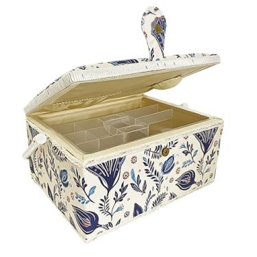 Imagem de Cesto de costura de madeira, caixa grande vazia com bandeja removível, organizador elegante para materiais de artesanato e conserto, jardim azul