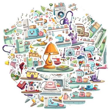 Imagem de 50 peças de eletrodomésticos, itens domésticos, rostos fofos, personagens de desenhos animados, adesivos faça você mesmo, adesivos adoráveis de papelaria para laptop, motocicleta, bagagem, telefone