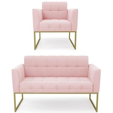Imagem de Sofá Namoradeira E 1 Poltrona Base Industrial Dourado Ana Suede Rosa Bebê - Ibiza
