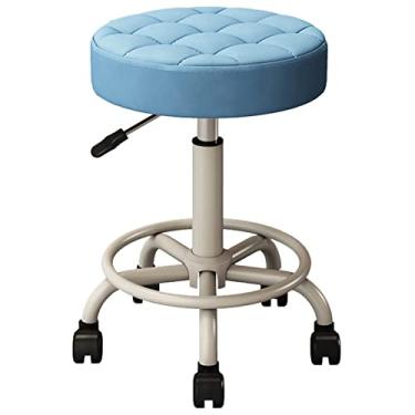 Imagem de BSNANCA Banqueta giratória com rodinhas cadeira elevatória moderna salão de beleza escritório bar banco com assento redondo, apoio para os pés e rodas, ajustável 47-64 cm (cor: branco) (azul)