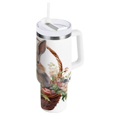 Imagem de ATTX Copo de coelho fofo de Páscoa de 850 g com alça, copo de aço inoxidável a vácuo de parede dupla com palha, caneca de café de viagem isolada #471