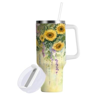 Imagem de Blueangle Copo de pintura de girassóis aquarela de 850 g com alça e tampa de palha, copo isolado reutilizável de aço inoxidável garrafa de água caneca de viagem (360)