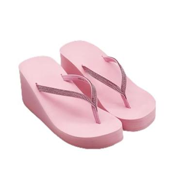 Imagem de Sandálias femininas com strass, chinelos, plataforma, chinelos de cunha, sapatos de casamento, praia, caminhada, salto, tanga para mulheres, elegantes, rosa, 35