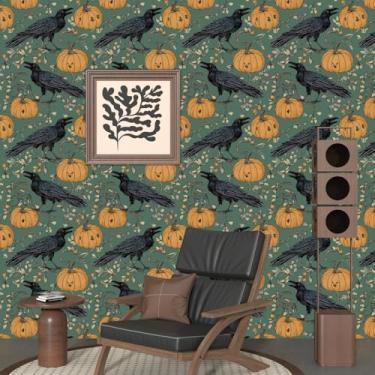 Imagem de Fvlow Papel de parede floral Pumpkin Crow Peel and Stick 44.2 cm x 299.7 cm papel de contato gótico impermeável removível cobertura de parede para quarto, cozinha, bancada, mesa, decoração de casa
