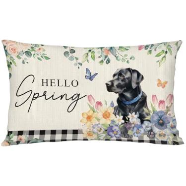 Imagem de YINENA Hello Spring Capa de almofada floral de cachorro labrador preto 30 x 50 cm decoração de almofada para sofá