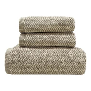 Imagem de USTIDE Conjunto de 3 toalhas de banho de algodão de secagem rápida e absorvente, 1 toalha de banho e 2 toalhas de mão, listras de espinha de peixe cáqui para banho, chuveiro ou piscina