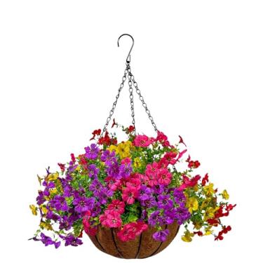 Imagem de Cesta de flores artificiais para pendurar plantas artificiais para decoração externa primavera/verão, flores ao ar livre com cesta/plantadores resistentes a UV margarida colorida eucalipto para