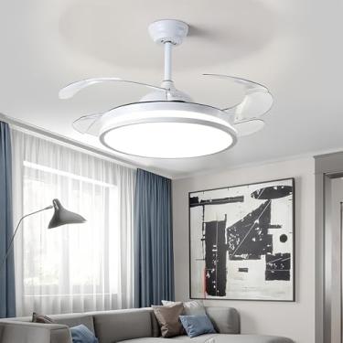 Imagem de EKROTOK Ventiladores de Teto com Luz Tricolor, Ventilador de Teto com Lâmpada Pás Transparente Acrílico Retrátil 4 e Controle Remoto Diâmetro 1050mm Frequência 50-60hz, 85-265V