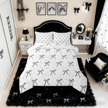 Imagem de Erosebridal Conjunto de edredom casal com laço preto e branco, para quarto de crianças, meninas, mulheres, edredom de princesa, galáxia e estrelas, 2 fronhas