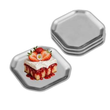 Imagem de Btrquedo Pratos quadrados de aperitivo de 13 x 13 cm, 4 peças de pratos de jantar de aço inoxidável grossos, bandejas de prata para sobremesas, massas, sushi, frutas, laváveis na lava-louças