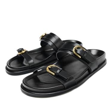 Imagem de Sandálias femininas com fivela dupla, confortável, larga, bico aberto, sem cadarço, sem cadarço, verão, casual, resort, praia, sapatos, Preto, 38