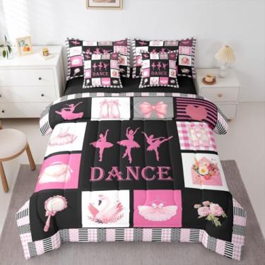 Imagem de Erosebridal Conjunto de cama solteiro com tema de dança preto e rosa para meninas, 7 peças, conjunto de edredom com laço e laço com laço e laço em uma bolsa, para mulheres e adultos