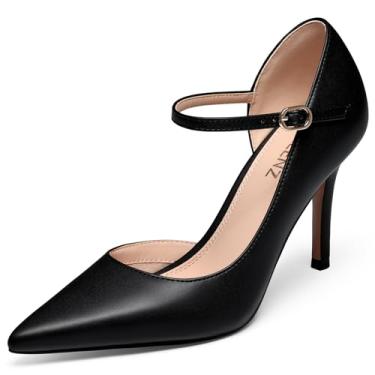 Imagem de CELLENZ Sapatos femininos de salto alto: bico fino fechado, salto agulha de 8,5 cm, vestido de tiras, escritório, formal, formatura, sexy, baile, casamento, sapato escarpim, Poliuretano preto 92, 35