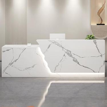 Imagem de Mesa de recepção moderna com gaveta trancável e bandeja de teclado - mesa de balcão frontal para loja de varejo - Balcão de caixa elegante (cor mármore, 130 x 60 x 100 cm)