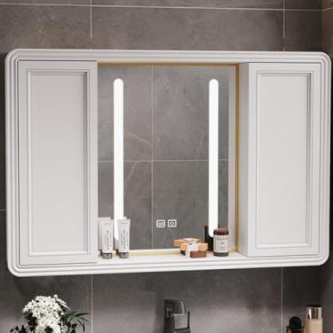 Imagem de Armário de remédios inteligente de LED com luzes - Armazenamento moderno de alumínio montado na parede, antiembaçamento, interruptor de toque, porta deslizante, prateleira aberta, espelho de maquiagem