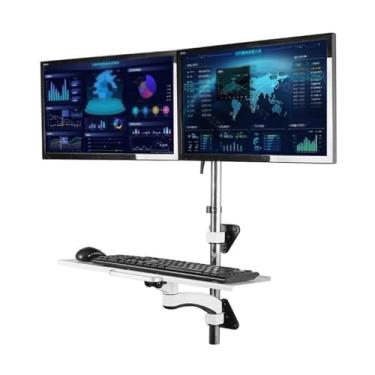 Imagem de Estação de trabalho para montagem na parede, monitor duplo com suporte sentado para telas de 38 cm a 60 cm, braço ajustável com bandeja de teclado dobrável (600 mm)