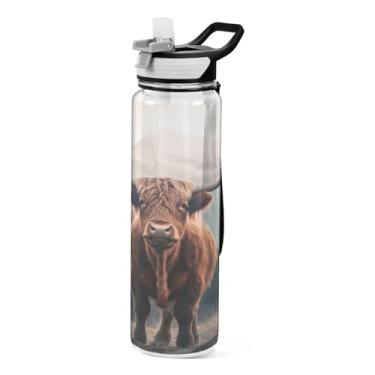Imagem de Burbuja Garrafa de água Highland Cow de 940 ml com tampa de palha, à prova de vazamento e livre de BPA para academia, esportes ao ar livre