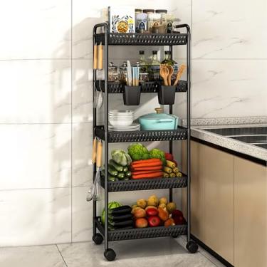 Imagem de Carrinho de armazenamento com rodinhas de 5 camadas - Prateleiras utilitárias móveis para cozinha, banheiro e lavanderia - Plástico durável, cor preta