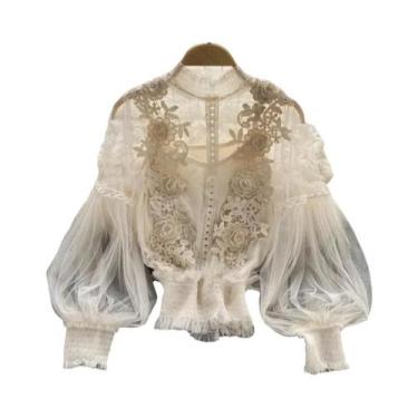 Imagem de Blusa Elegante De Renda Com Manga Longa Para Mulheres, Transparente, C