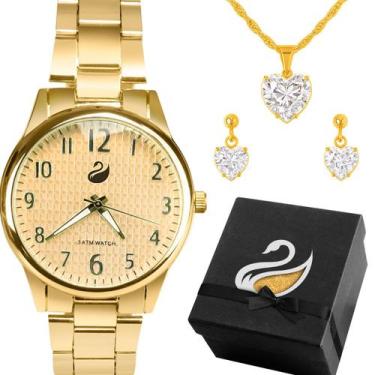 Imagem de relogio feminino aco inox banhado + brincos colar caixa dourado social