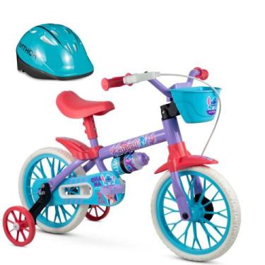 Imagem de Bicicleta Infantil com Rodinha aro 12 Stitch Menina Nathor Com Capacet